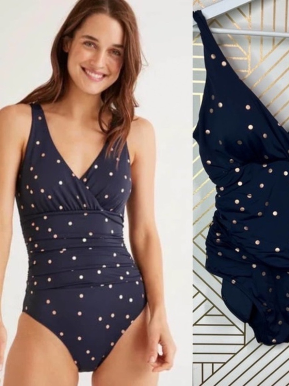 Boden Navy Rose Gold Polka Dot One Piece Swimsuit